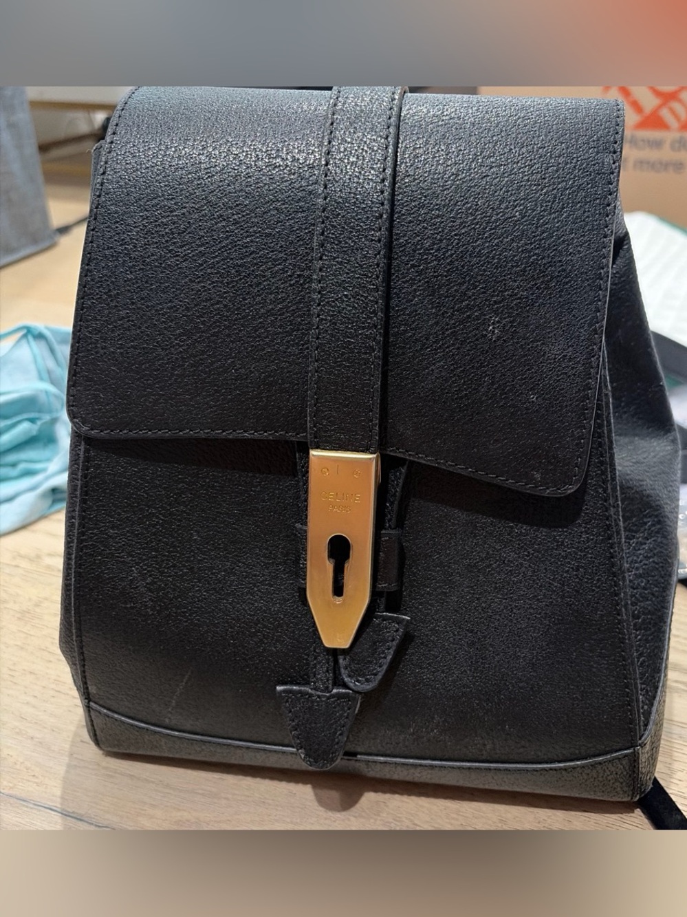 Celine Paris Black Leather Bucket Bag with Red Suede Interior
